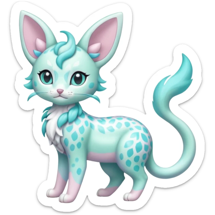Pastel Mint-Aqua Soft-Iridescent Gentle Floral-Patterned Feline Sylveon-Liepard-hybrid-creature (full body) sticker