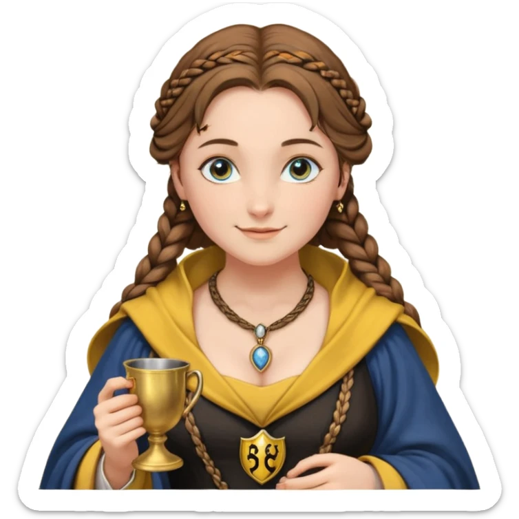 Helga Hufflepuff, blue eyes, brown-haired, two brown braids, yellow-black medieval open dress, black cloak decorated with gold braiding, tiny gold cup with two handles, very kind smile, curvy busty sweet woman, macromastia, round ruddy face, black, gold pendant with round black stone, deep neckline sticker