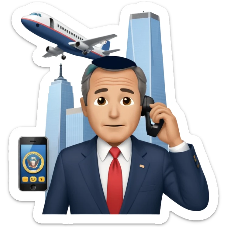 animated emoji of the world trade center with a plane crashed into it and george bush on a phone in front of it sticker