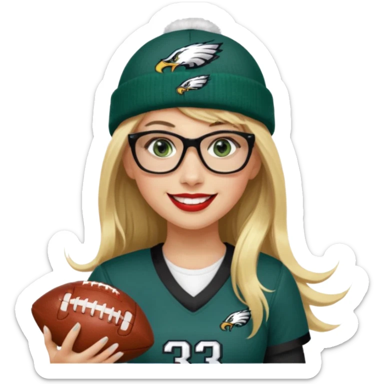 full length women wearing eagles uniform, long blonde hair, bangs, green eyes, black rectangle glasses, holding football, number 33, smiling, lipstick, eagles beanie sticker