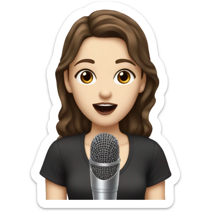 a girl with brown hair, hazel eyes, pale skin, dark lips, singing into a microphone sticker