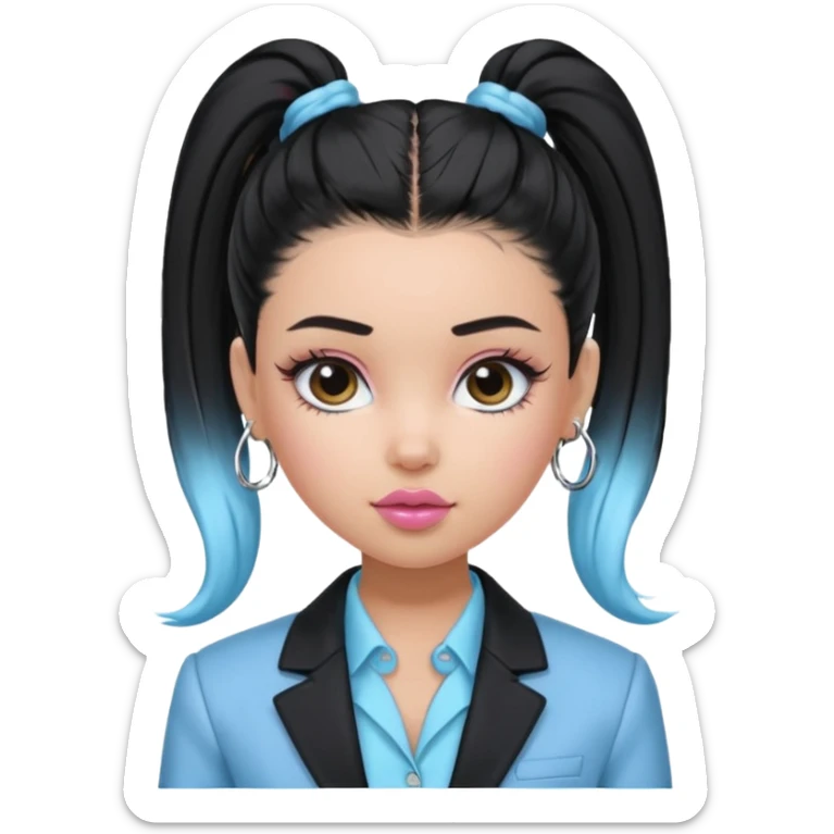 generate a pretty bratz girl wearing a light blue full sleeve shirt. silver small hoops, pink lipgloss, black blazer. black hair tied up in a ponytail sticker