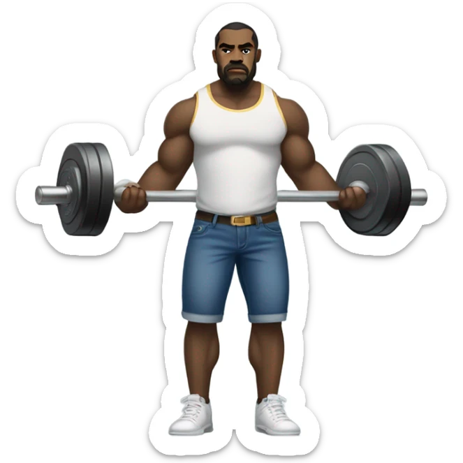 A muscular Cane Corso in blue jeans and gold tee shirt standing upright lifting barbells. sticker