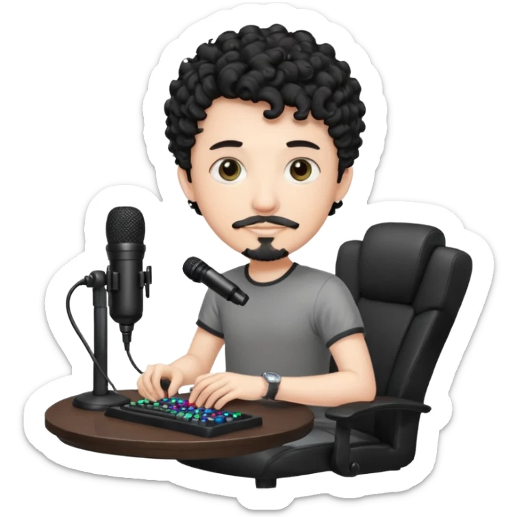a setup of a youtuber his blach curly short hair, white skin, a thin goatee, with a desktop pc on a table, a gaming chair, microphone, ring light sticker