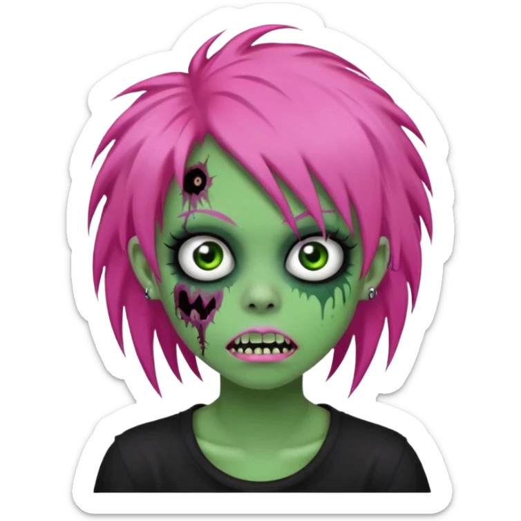 girl, green zombie, pink coily hair, medium long, emo, shaggy, dark, spooky, piercing on eyebrow, colourful teeth, creepy blank expression sticker