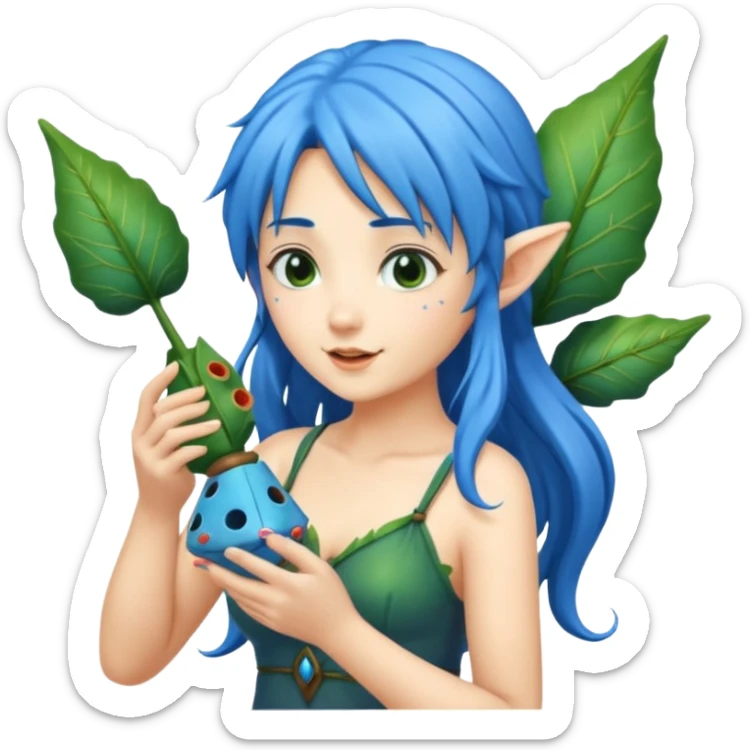 forest fairy woman with blue hair playing leaf-shaped ocarina sticker