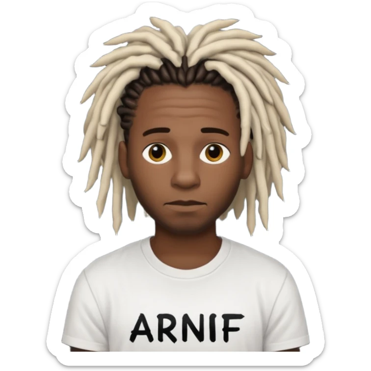 black guy wearing a white shirt saying ARNF in black text in the middle chest while having dreads sticker