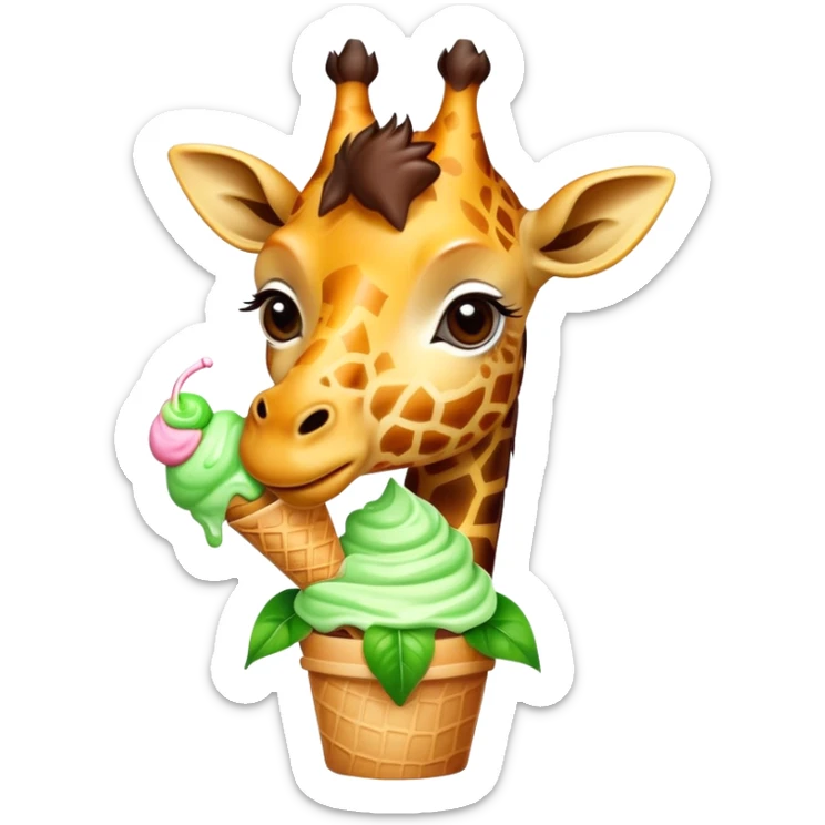 Giraffe eating ice cream with leaves on top of the ice cream sticker