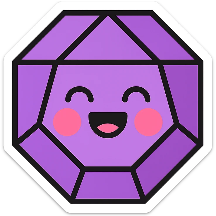 faceted purple jewel with a humorous face, cheerful and whimsical sticker
