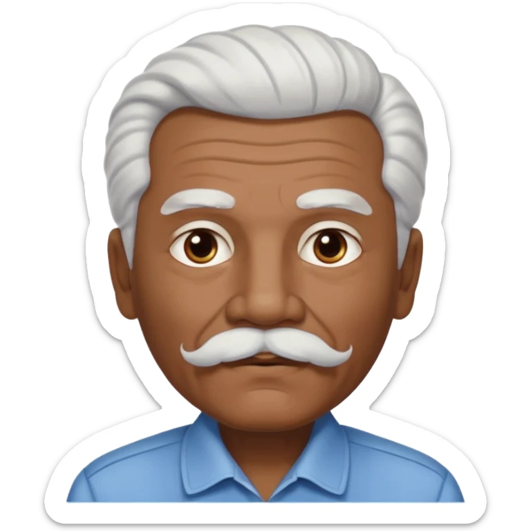 
An elderly man emoji with medium-dark skin tone, full white hair styled in thick, swept-back waves, thick white eyebrows, and a neatly groomed small white mustache. His face is clean-shaven aside from the mustache, giving him a tidy and classic look. sticker