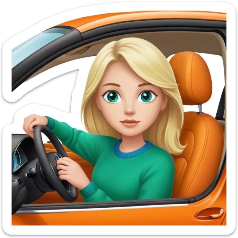 A cinematic realistic blonde with blue eyes, dressed in a green sweater, is driving an orange Mercedes car. sticker