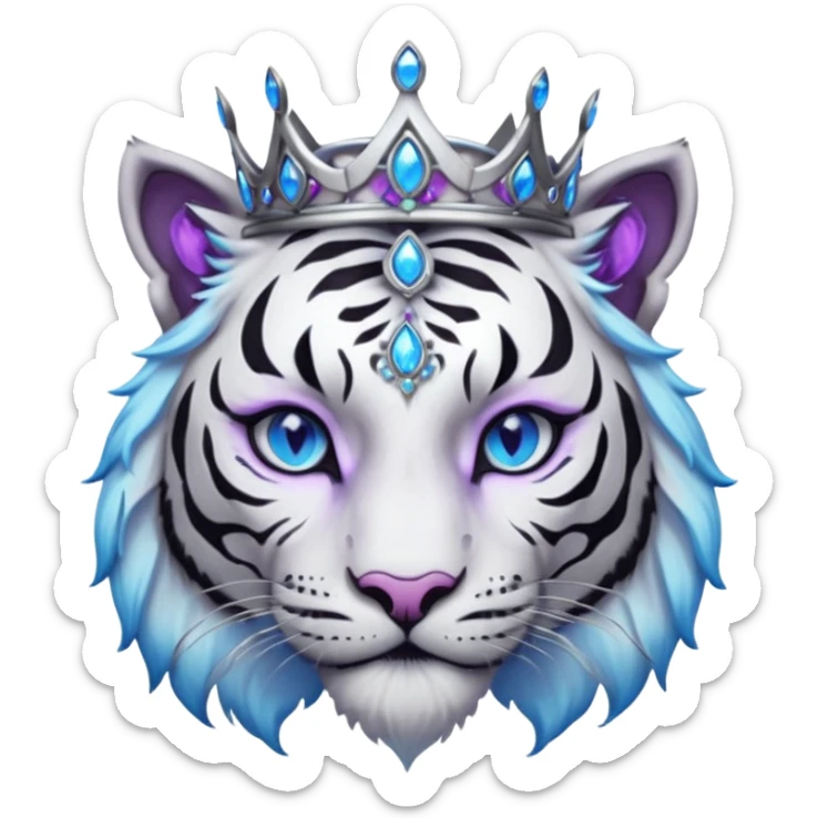 ESO Female white/black tiger khajiit leader of the umbral rose, glowing blue eyes, glowing blue 'third eye' gem; silver crown/tiara with purple gems sticker
