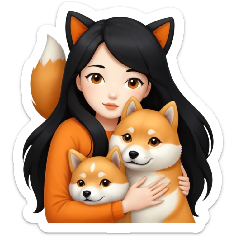A beautiful girl with long black hair hugs a Shiba Lnu sticker