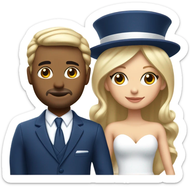 Puerto rican beard short hair with blue hat and navy blue suit getting Married with blond long hair girl with white  wedding dress  sticker