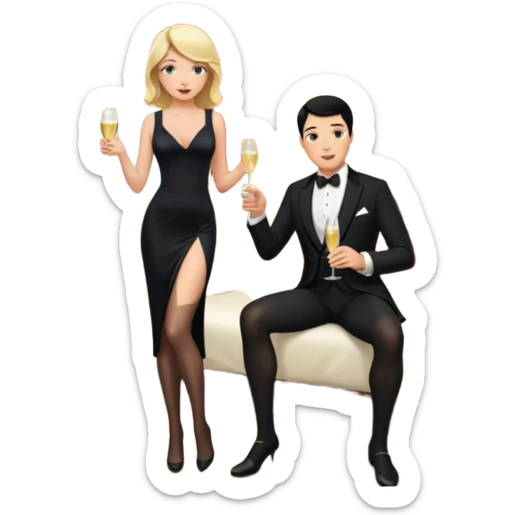 Blonde woman, black, Long, tight, sleveless Dress, Slot left Leg, stockings, man, DARK Hair, in Dinner jacket, Background bedroom, drinking champaign sticker