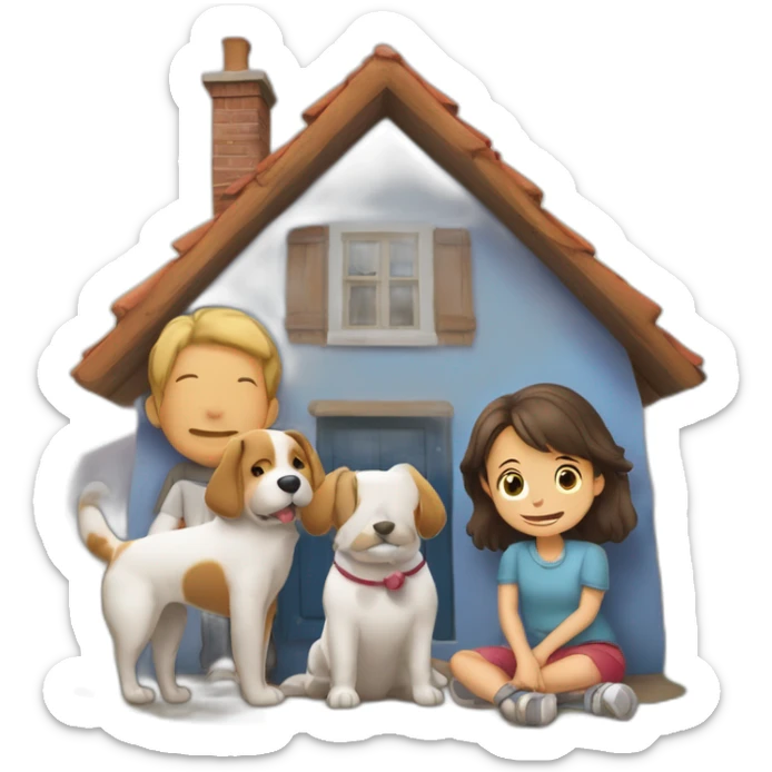 Un chien et un chat devant une maison avec une famille composer de 1 garç et 2 fille sticker