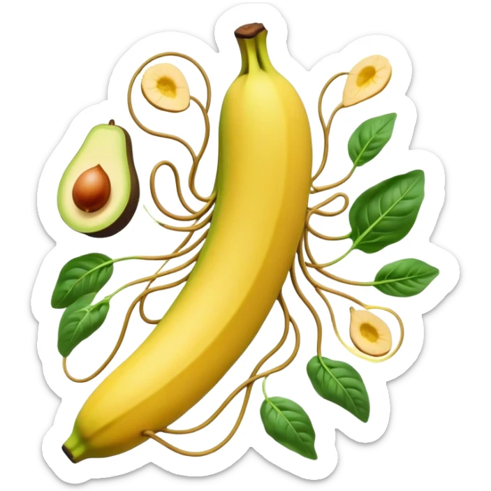 Golden banana, avocado, potatoes and spinach floating around a glowing nervous system and heart. Electrical waves connect these potassium-rich foods to nerves, heart and muscles, showing how potassium supports electrical stability and fluid movement in the body. sticker