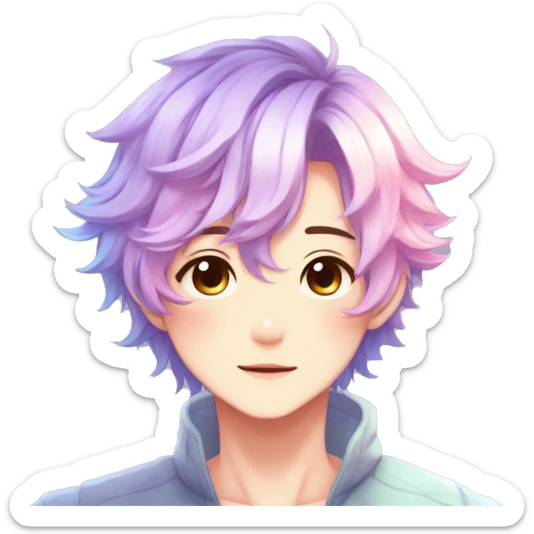 Gorgeous anime style shojo dude with blushing face aesthetic and pretty colorful shiny gradient pastel hair trending style sticker