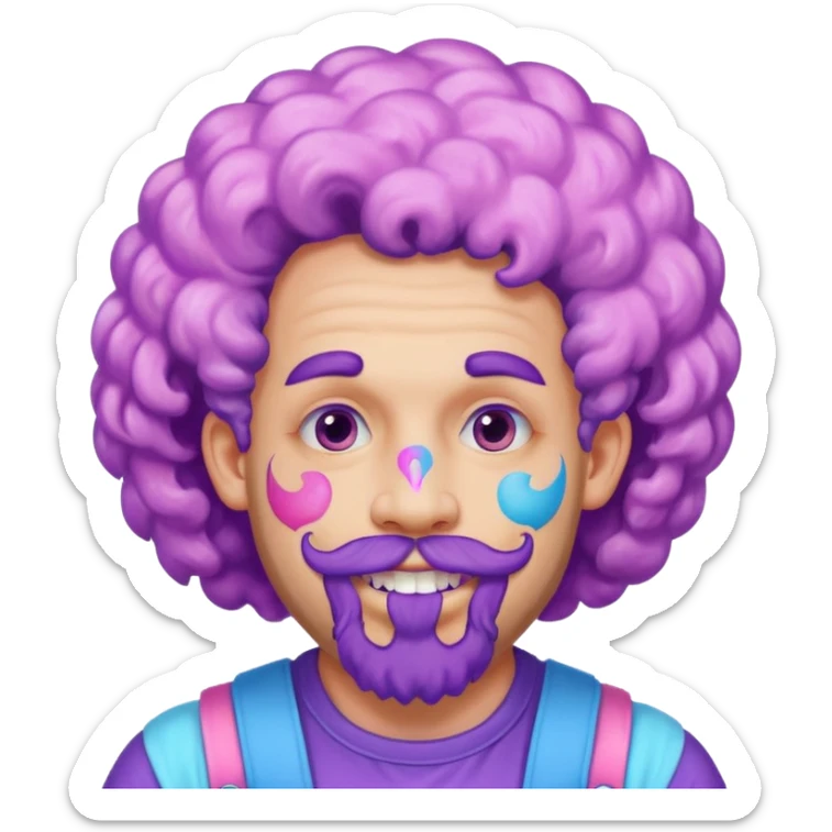 very colorful puffy violet curly haired man just beard  no mustache made out of cotton candy wearing teeth-braces and excessive face tattoos just face  sticker