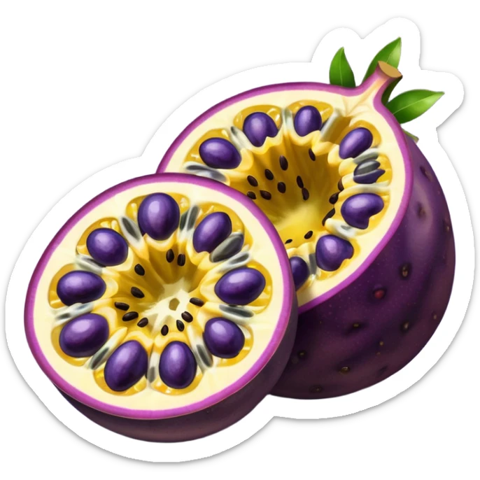 whole round purple passion fruit with slightly wrinkled matte skin next to halved piece showing vibrant yellow pulp with glossy black seeds juicy jelly-like texture bold contrast between rind and interior no leaf spoon or extras soft lighting subtle shadows emoji scale sticker