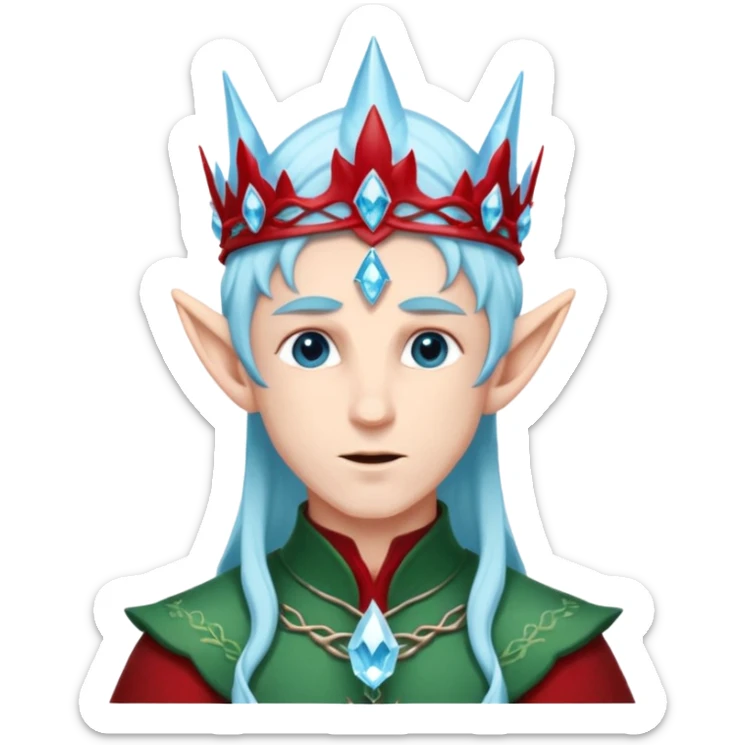 Fantasy elf portrait emoji, icy blue crystal crown with deep red accents, elegant elven features, cold noble winter expression, ice and crimson color palette, minimal clean design, flat readable emoji style, male variant sticker