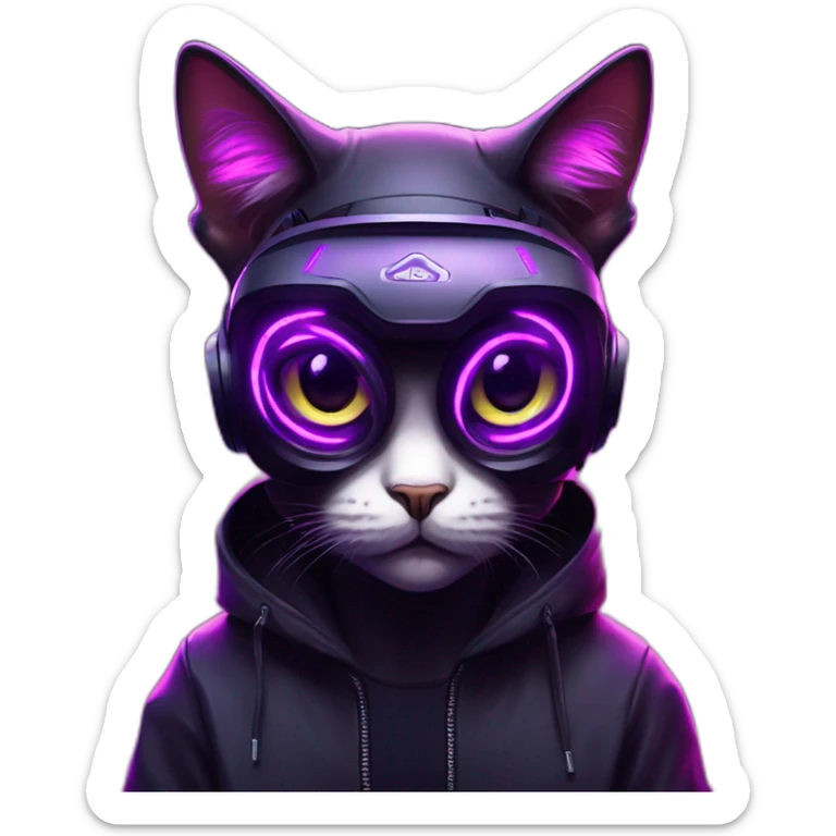 Russian cat wearing a black hoodie with "OMG" letters on it and VR headset in a cyberpunk VR environment with violet neon lighting. sticker