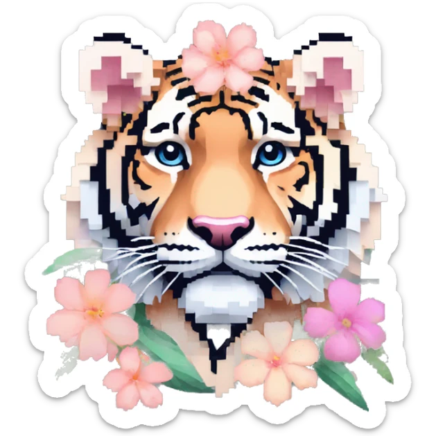 Pixel art of a pixel pink peach beige blue cream pastel pixel tiger wearing tropical flowers and leaves, flower crown, floral, pixel sticker
