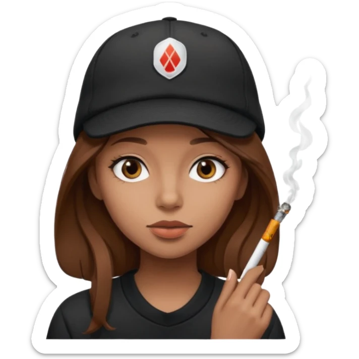 A girl with brown hair with a cigarette and a black cap sticker