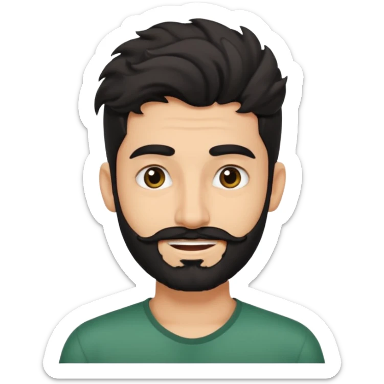 young fair skin Pakistani man smiling with black beard, wavy hair pushed back and squinted eyes and thick eyebrows sticker