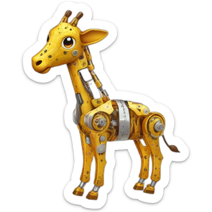 Una girafa robotica con patrones de circuitos brillantes en su piel, piernas con juntas móviles y piezas de metal relucientes sticker