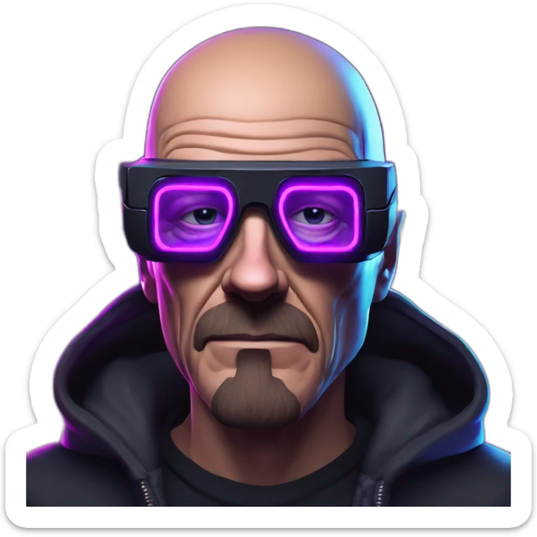 Walter White wearing a black hoodie with "OMG" letters on it and VR headset in a cyberpunk VR environment with violet neon lighting. sticker