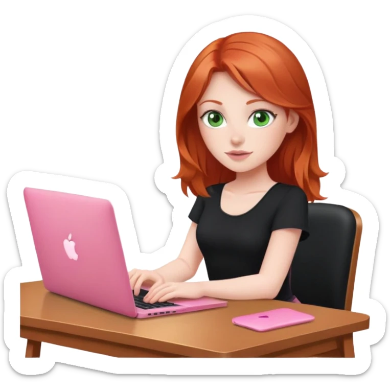Redhead with green eyes sat at desk with pink MacBook and black top and pink chair  sticker