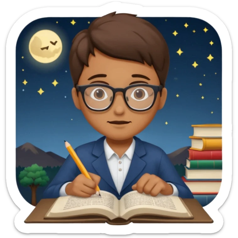 person infront of a book learning in the middle of the night sticker