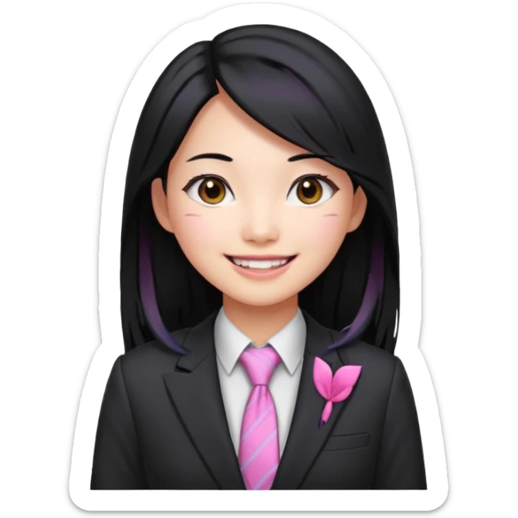 long black haired pink hair asian woman with tie and blazer sticker