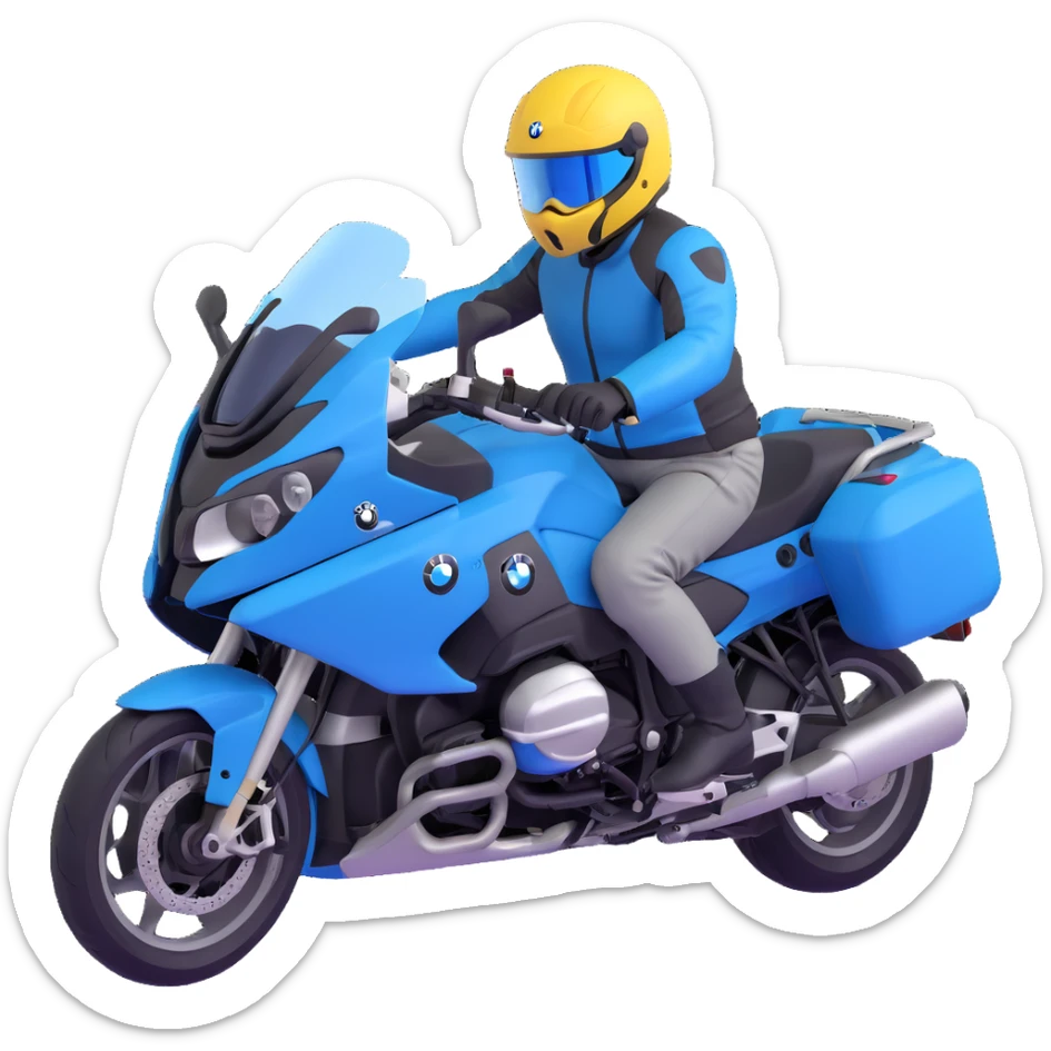 blue BMW RT1200 touring motorcycle with rider wearing helmet sticker