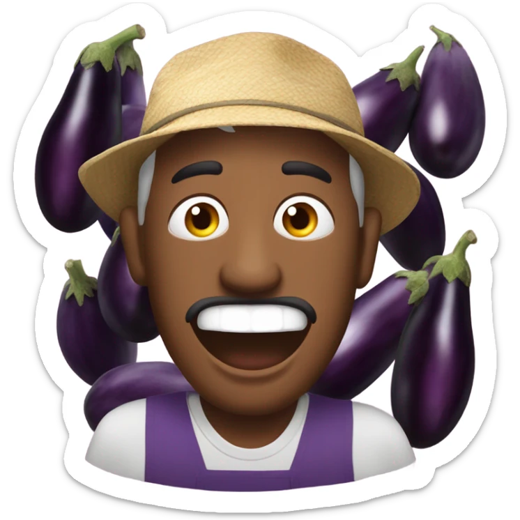 Very shocked aubergine farmer with lots of aubergines sticker