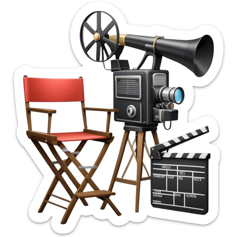 Icon for Directing: a director's chair, a film clapperboard, large movie camera, vintage megaphone and a stage with a spotlight. The icon should represent the creative and organizational aspects of directing, with focus on storytelling, staging, and performance. Transparent background. sticker