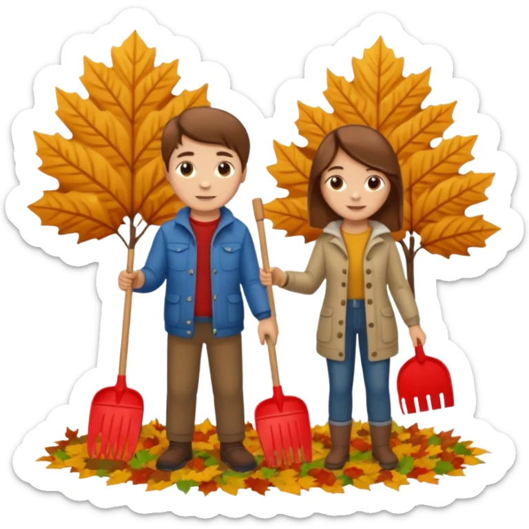 a couple man and woman both brown hair light skin racking leafs sticker