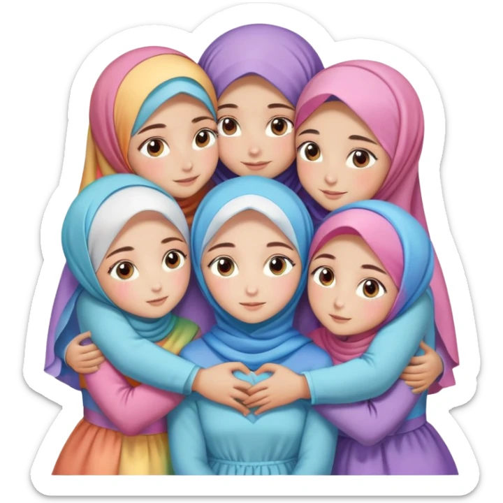 Four sister hugs Turkish girls beautiful finish Konya brown and blue eyes with rainbow pastel hijab and heart dress and hugs  sticker