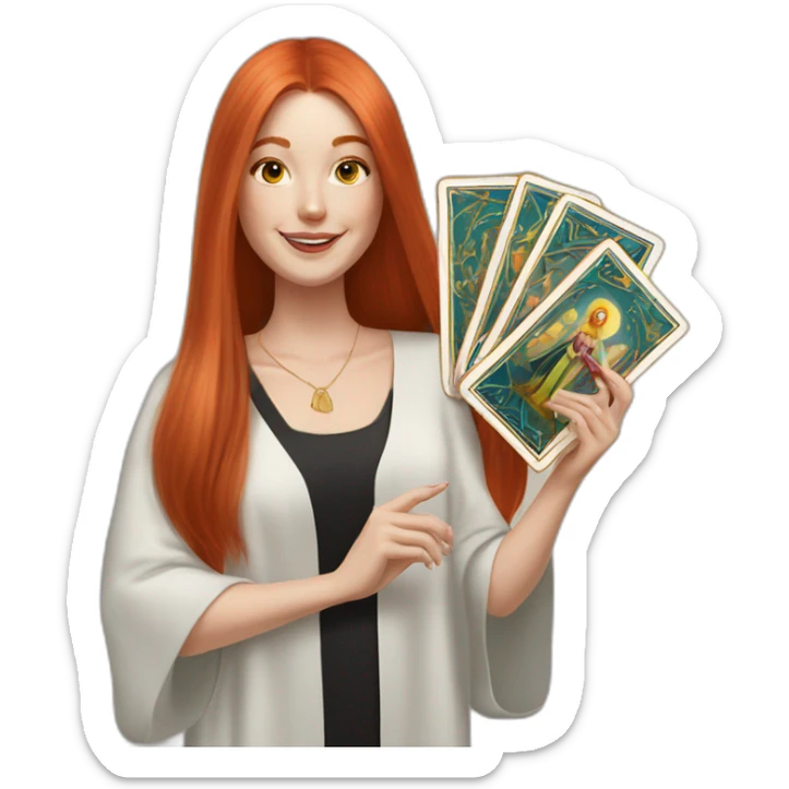 redhead white woman medium long straight hair, celebrating graduation with tarot cards sticker