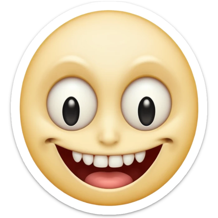 Pale emoji with completely vertical slit eyes, huge creepy grin from ear to ear, scary sticker