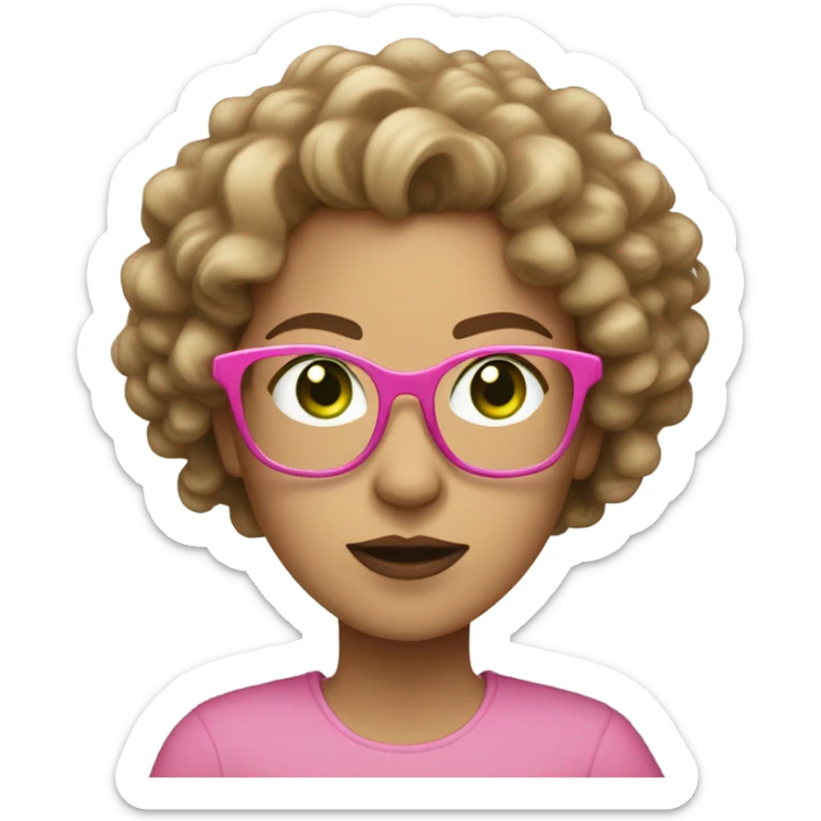 light skinned woman with light brown curly hair, green eyes, and oversized pink glasses shrugging sticker