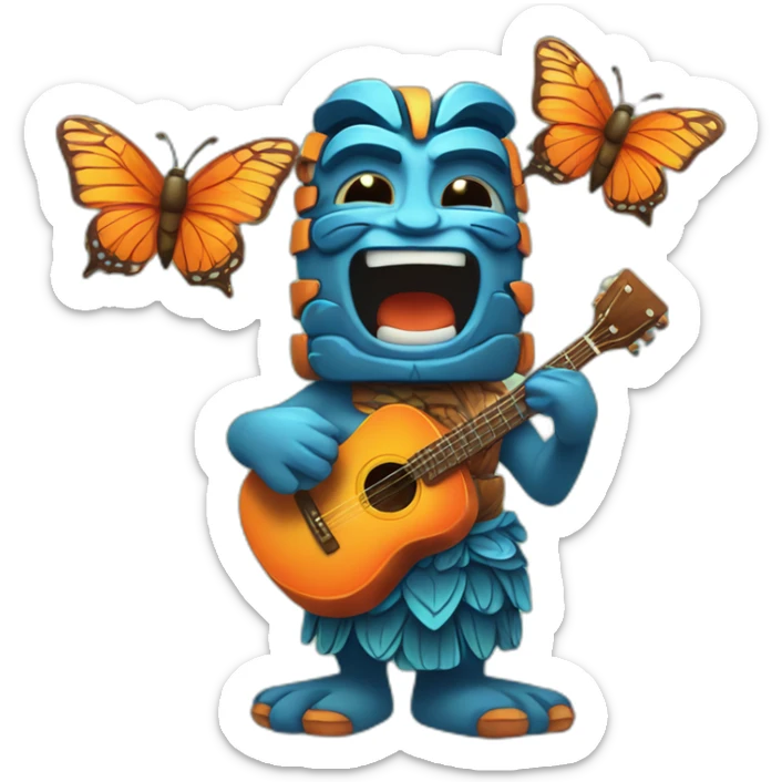 Cartoon Blue and orange tiki singing with butterfly and in the mike sticker