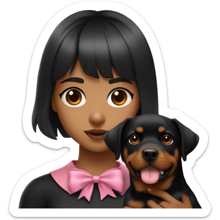 White 22 year old women with brown eyes and black medium length hair with bangs holding a Rottweiler with a pink bow around the dogs neck  sticker