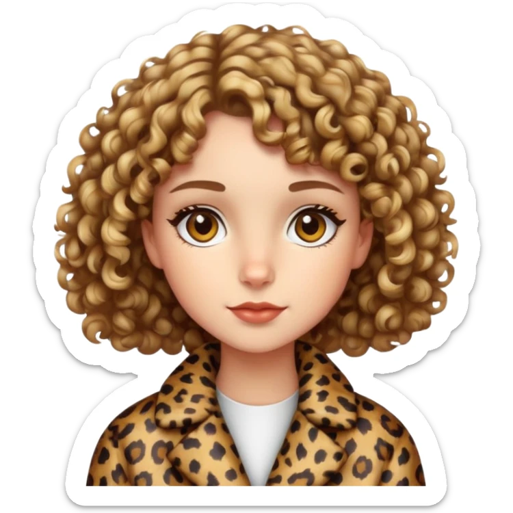 Caucasian girl with short curly hair and hazel eyes in leopard print coat  sticker