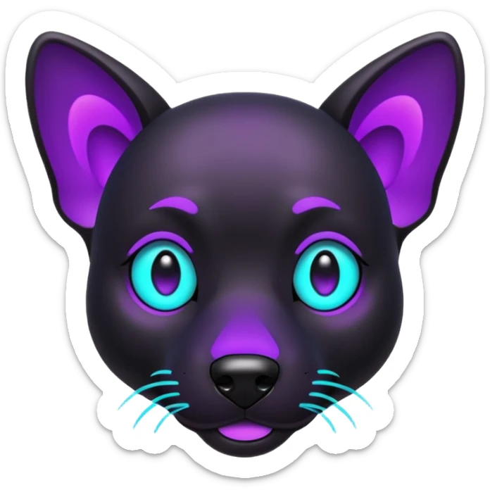 futuristic glowing black dog emoji, neon cyan eyes, purple #8B5CF6 highlights, tech minimal style, dark background sticker