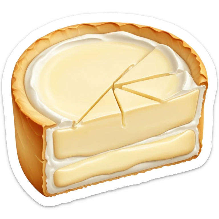 cinematic-realistic-brie-cheese-emoji,-featuring-a-creamy gooey center,-soft-ripened-cheese-with-a-delicate-rind-rendered-with-lifelike-detail-and-inviting,-natural-lighting. sticker