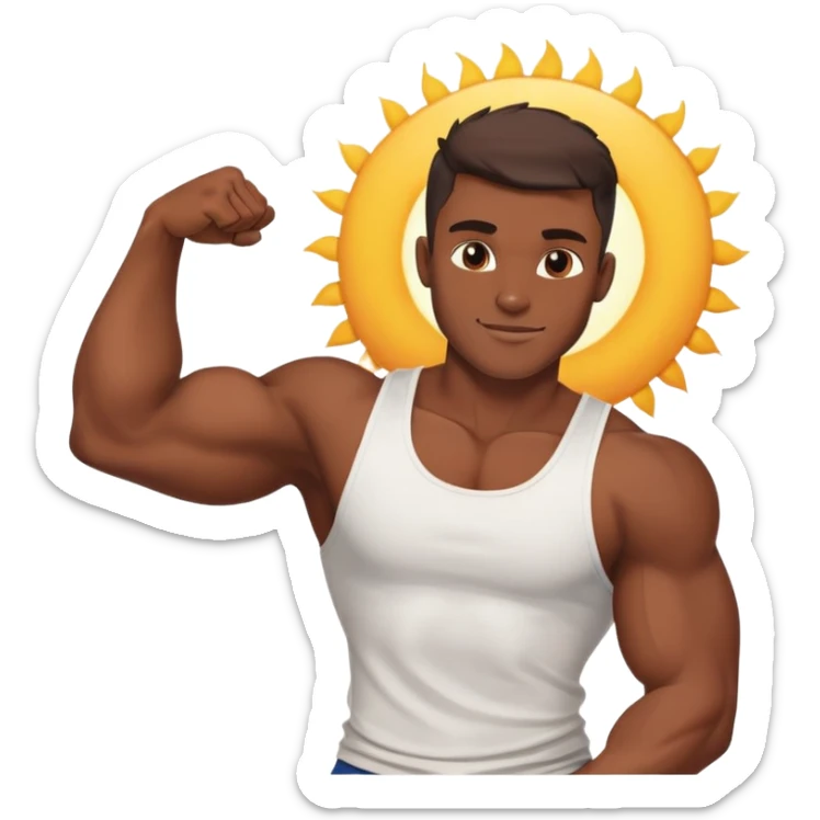 Handsome muscular boyfriend with defined abs, wearing a tank top, strong jawline, darkerr skin, charming smirk, flexing arm, sun-kissed skin, sticker
