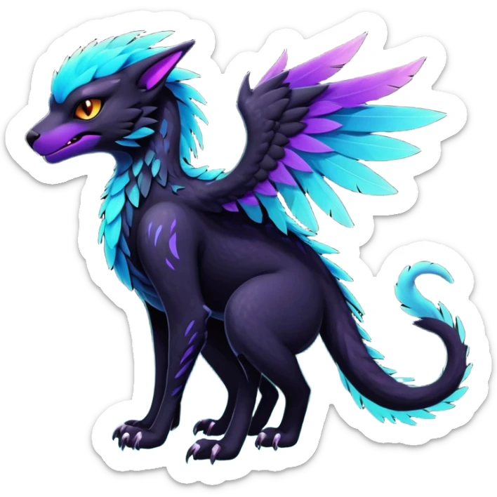 Black Dark Exotic Black, Cyan, Purple, Beaked Feathery Nocturnal Neon-glowing Abyssal Nightly Abyss-Cat-Gryphon-Salandit-Nargacuga-Silvally-Vernid-Sergal-Fakémon-Hybrid-Creature (full body) sticker