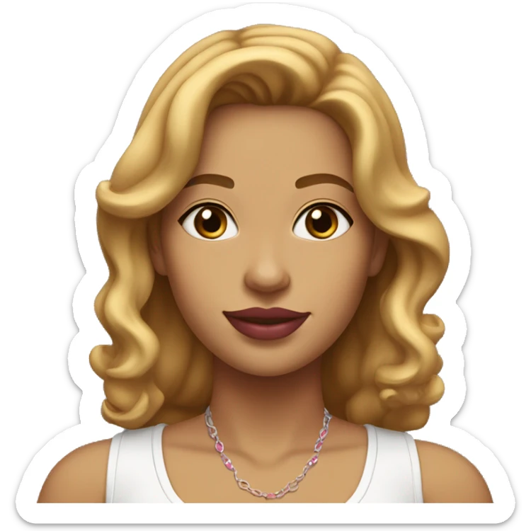 woman with wavy, medium-length honey blonde hair with highlights. She has a round face, light brown skin, thick arched eyebrows, dark brown eyes, and pink lipstick. She wears a white T-shirt, a delicate necklace, and small earrings.  sticker